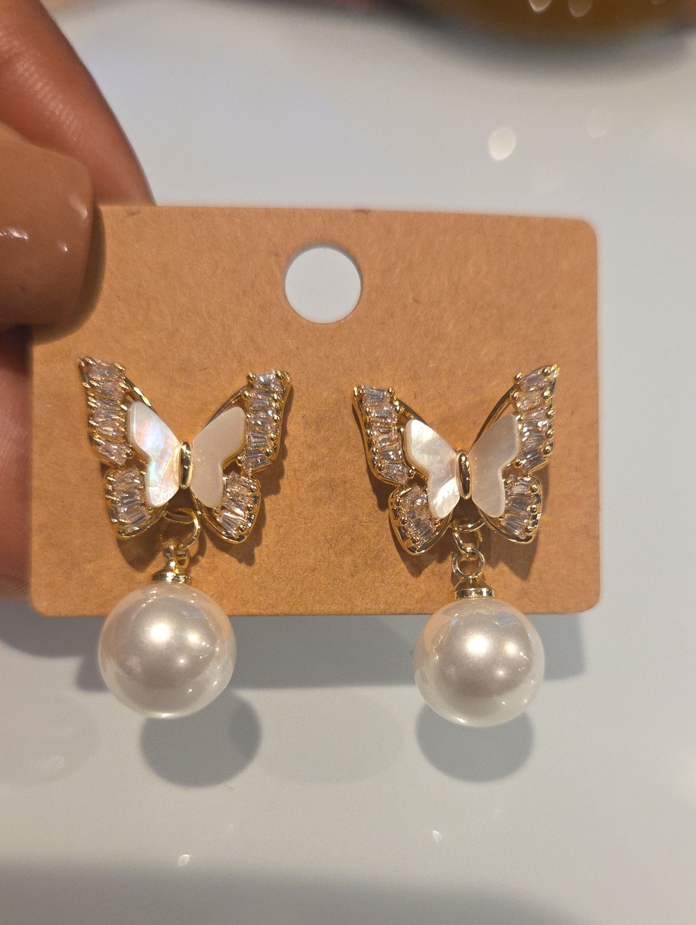 Gold Butterfly Pearl Drop Earrings - White Pearl